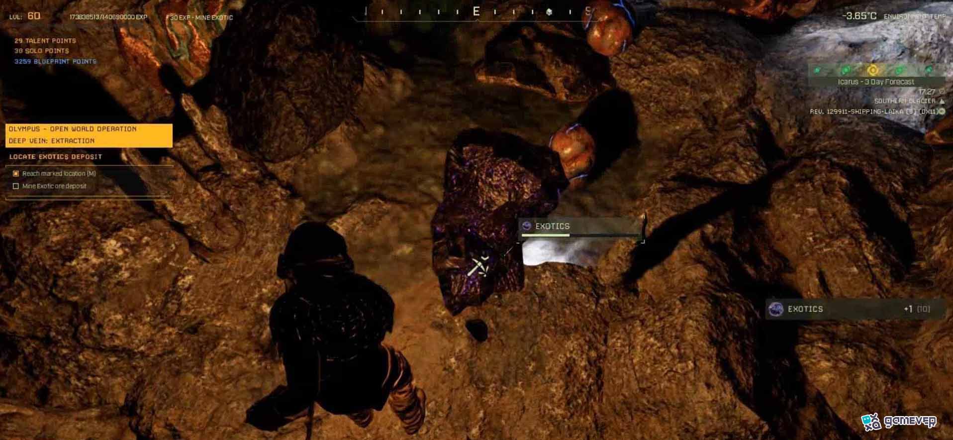 Mina depósitos de Exóticos en hendiduras y pozos de hielo en la Actualización de Icarus