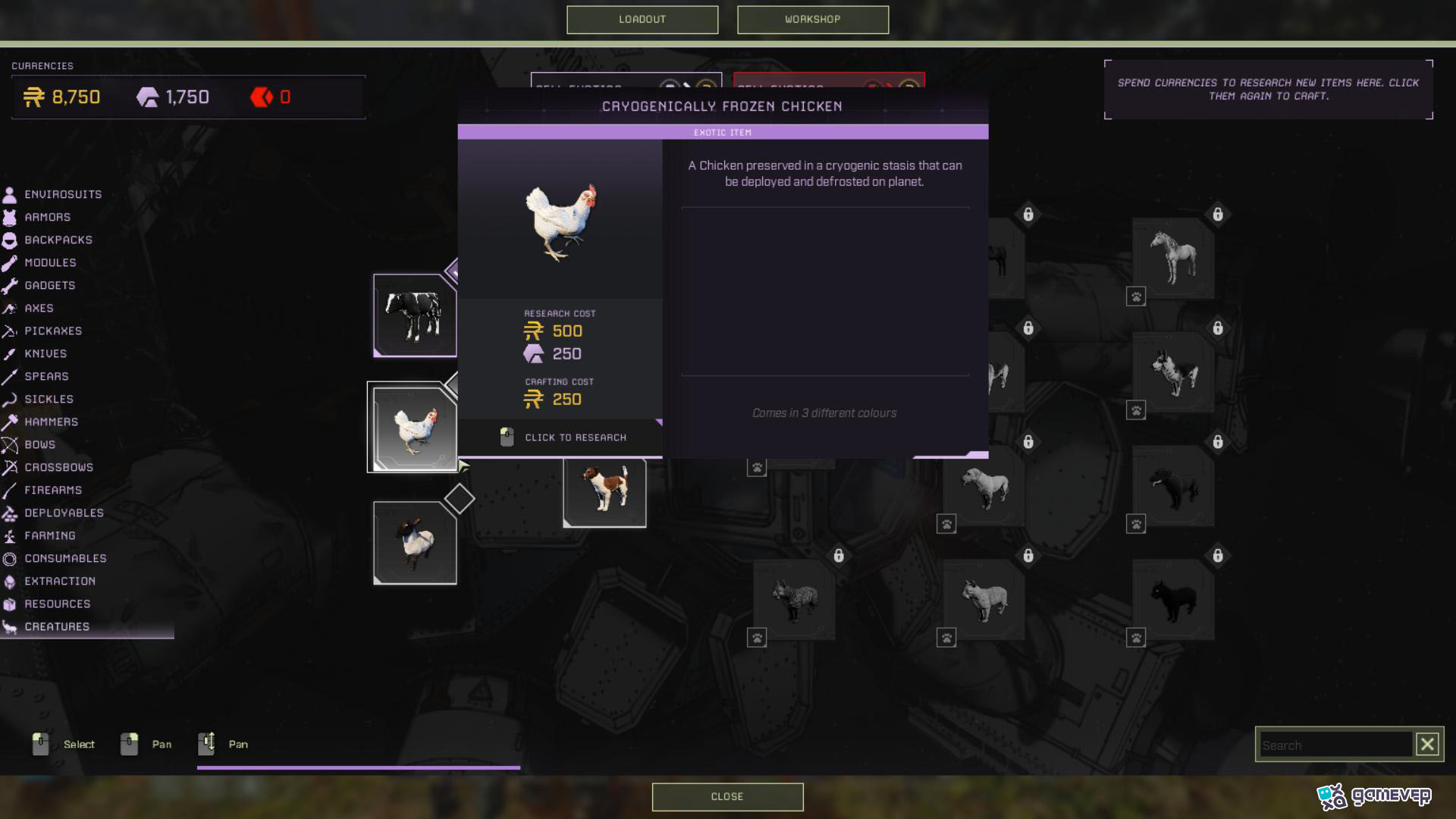 Desbloquea gallinas en el Taller por 500 Ren y 250 Exóticos Púrpuras.
