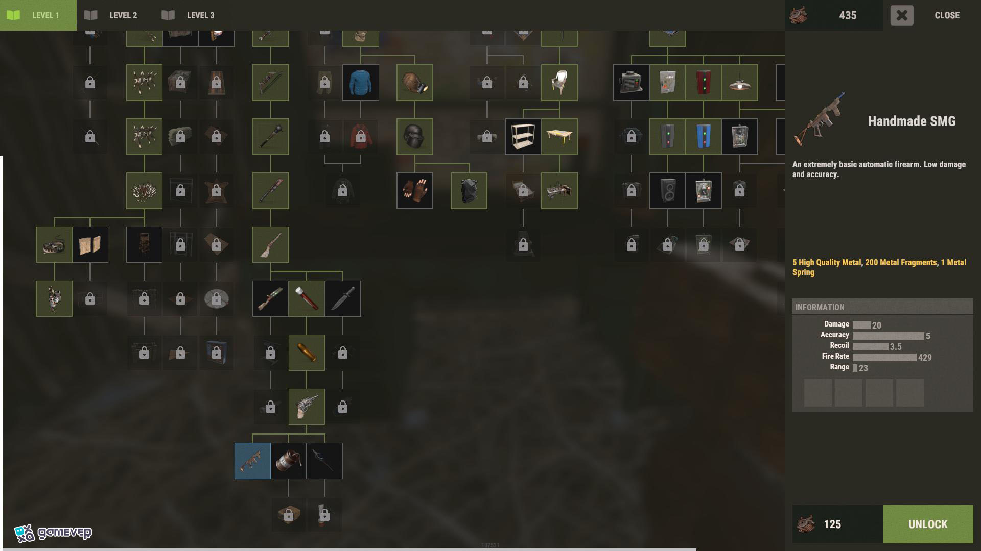 Desbloquea la SMG Artesanal en el Árbol de Tecnología de Rust.