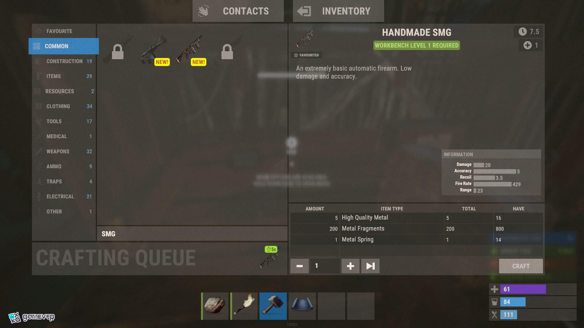 Reúne tu HQM, fragmentos de metal y resorte en Rust.