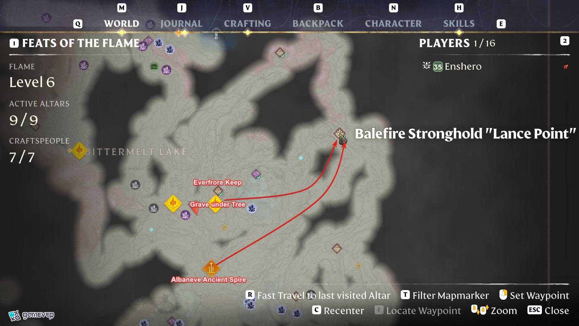 Escala el Bastión Balefire para conseguir el cráneo en Enshrouded Souls of the Frozen Frontier Update.