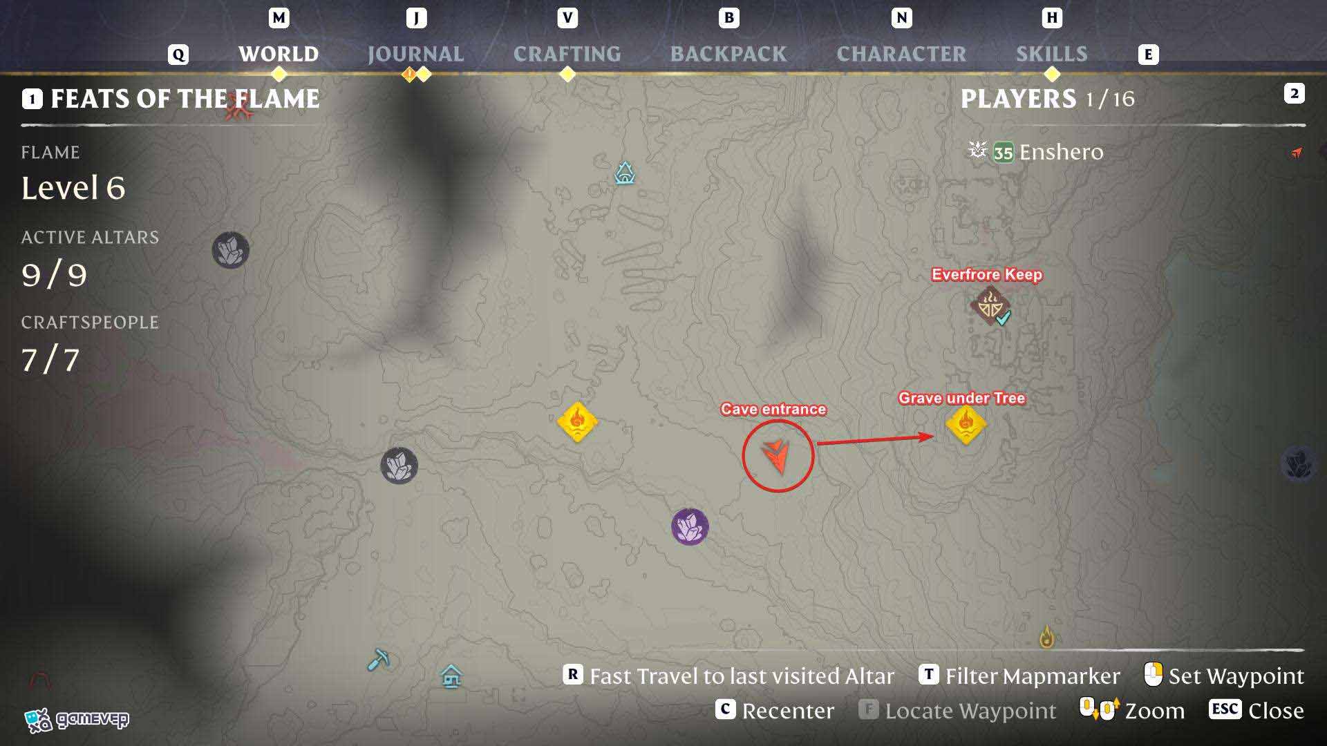 Salta hacia el oeste para localizar la cueva del brazo derecho en Enshrouded Souls of the Frozen Frontier Update.