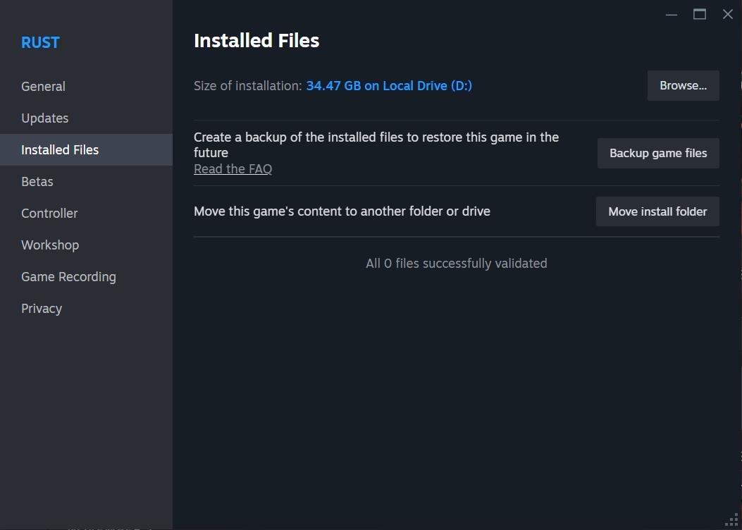 Überprüfe die Integrität der Spieldateien von Rust in Steam.