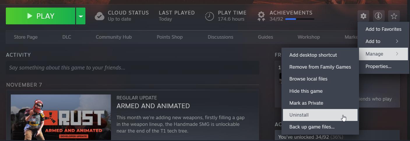 Führe eine saubere Neuinstallation von Rust über Steam durch.