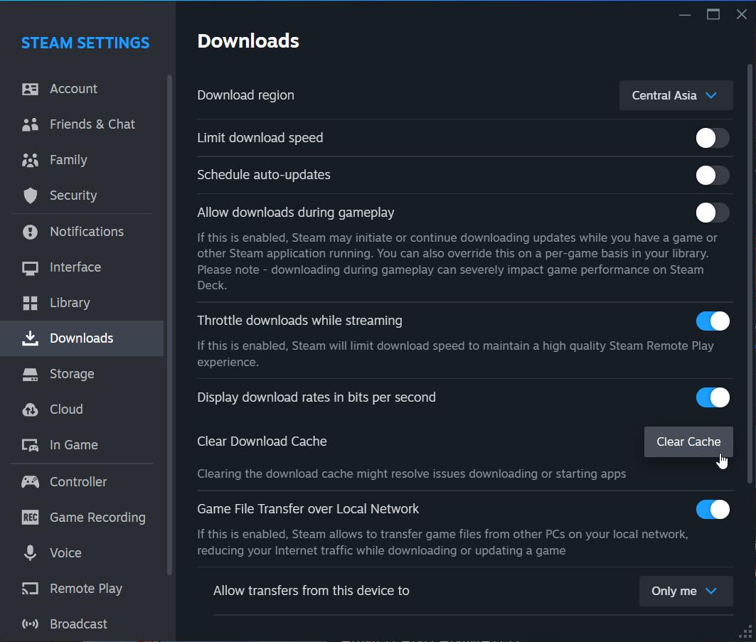 Leere den Download-Cache von Steam im Einstellungsmenü.