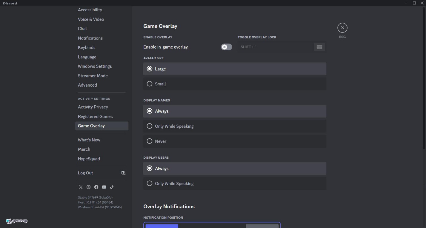 Desactiva la superposición de Discord en el menú de configuración