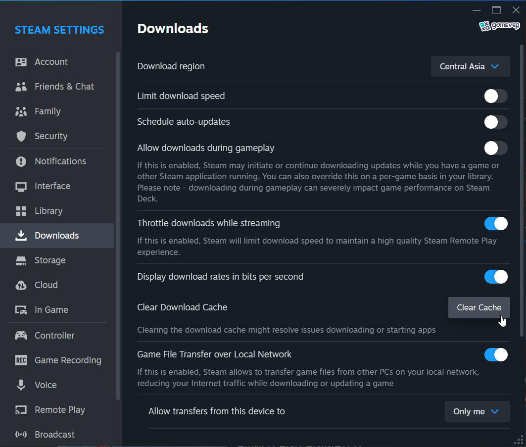 Limpia la caché de descargas de Steam a través del menú de configuración