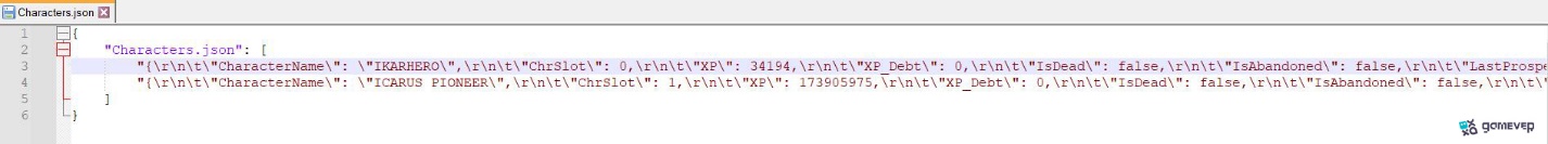Abre Characters.json, Profile.json y MetaInventory.txt para eliminar datos de objetos del taller