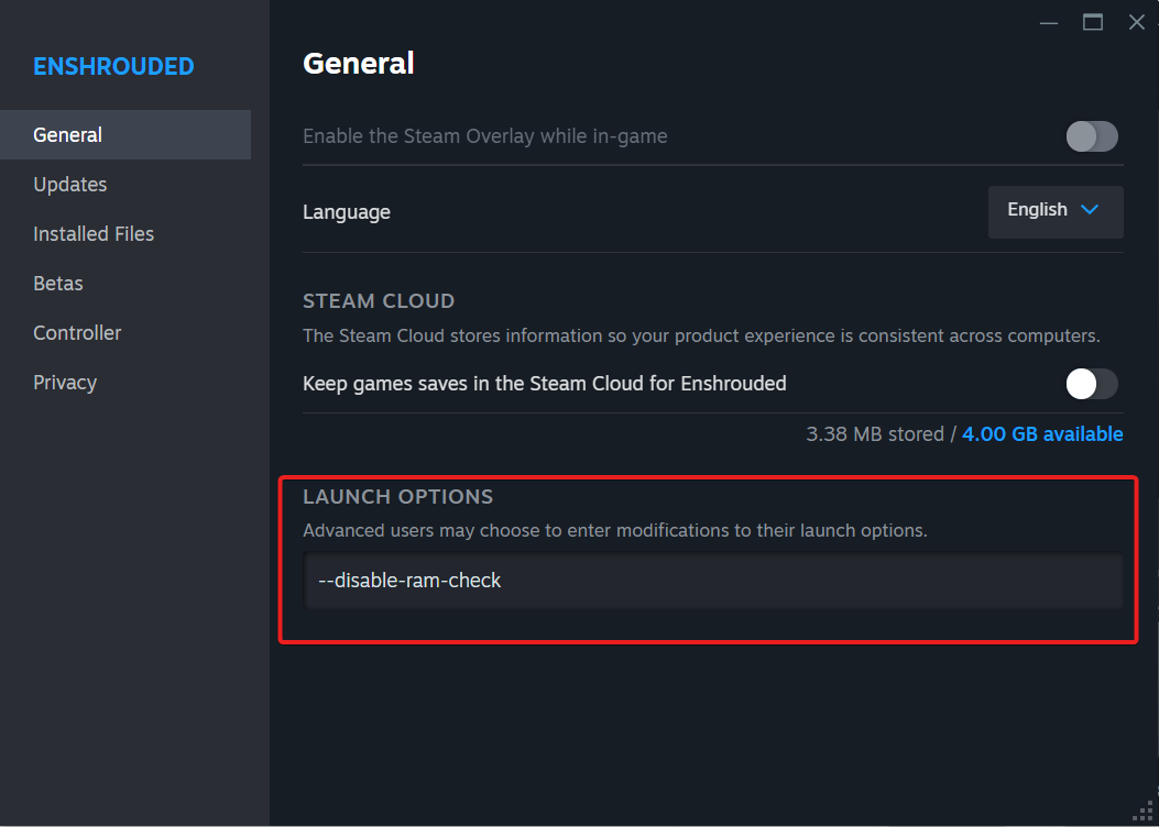 Wpisz –disable-ram-check w polu Opcje uruchamiania.