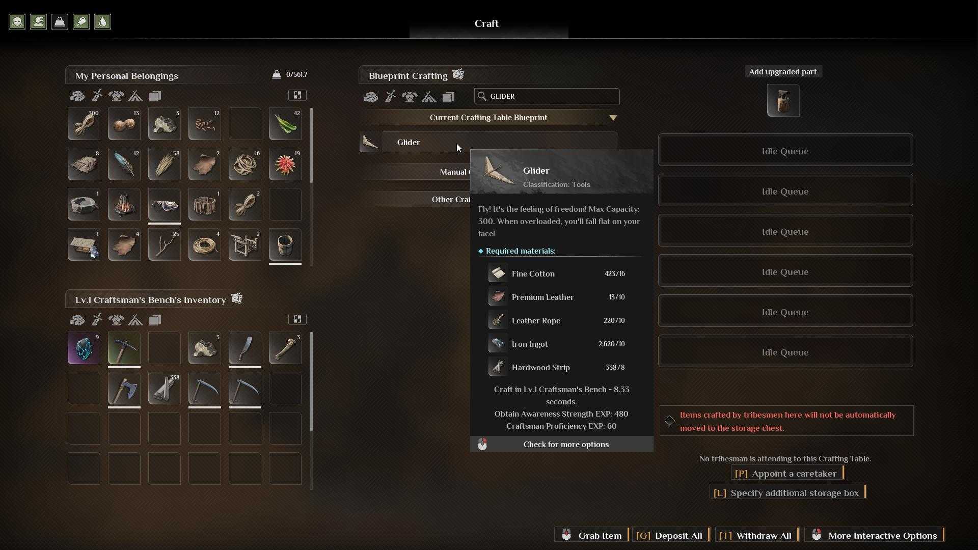 Select the glider from the Tools section in the Craftsman Bench