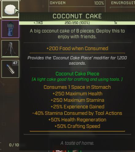 Steigere deine Gesundheit und Ausdauer, indem du ein Stück Kokosnusskuchen im Icarus-Jubiläums-Update isst.