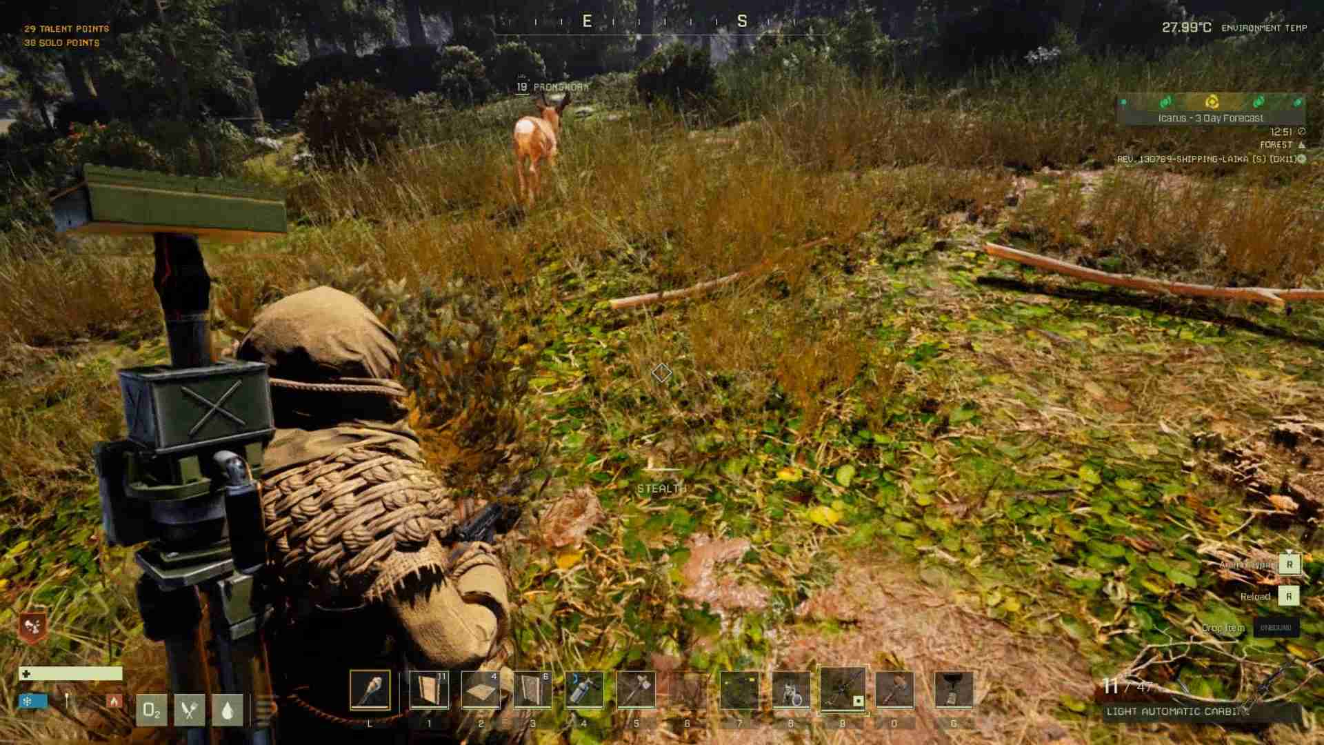 Use stealth and crouching to navigate past dangerous predators
