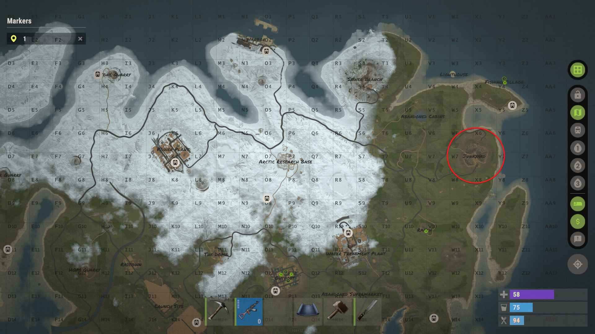 Finde den Schrottplatz auf deiner Karte als den bevorzugten Ort zum Zerlegen in Rust.