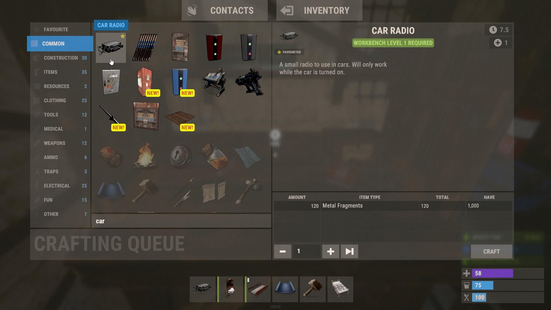Sammle Metallfragmente, um das Autoradio in Rust herzustellen.
