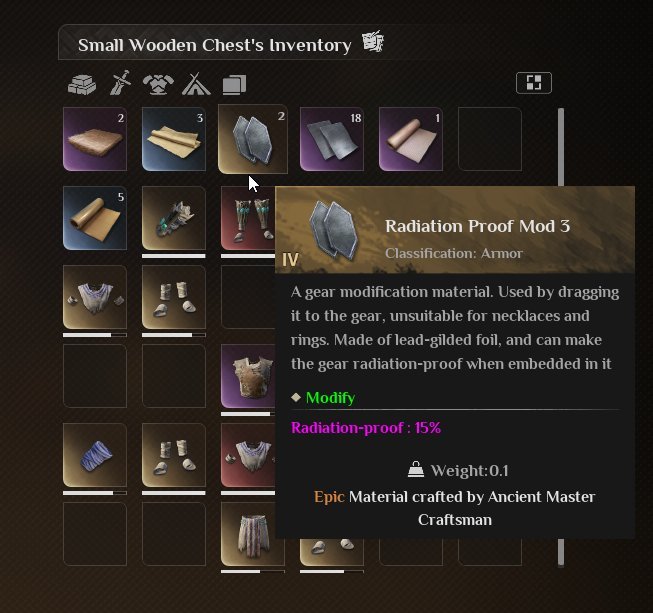 Equip Radiation Proof Mod 3 to reduce exposure in Soulmask.