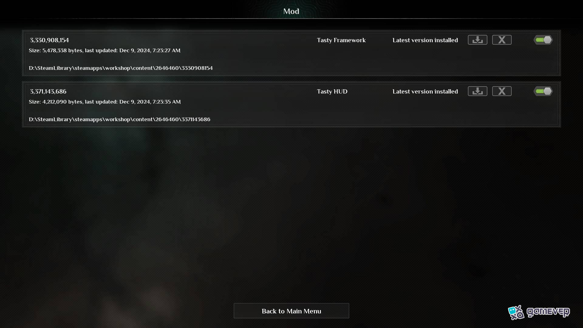Haz clic en los interruptores para habilitar los mods