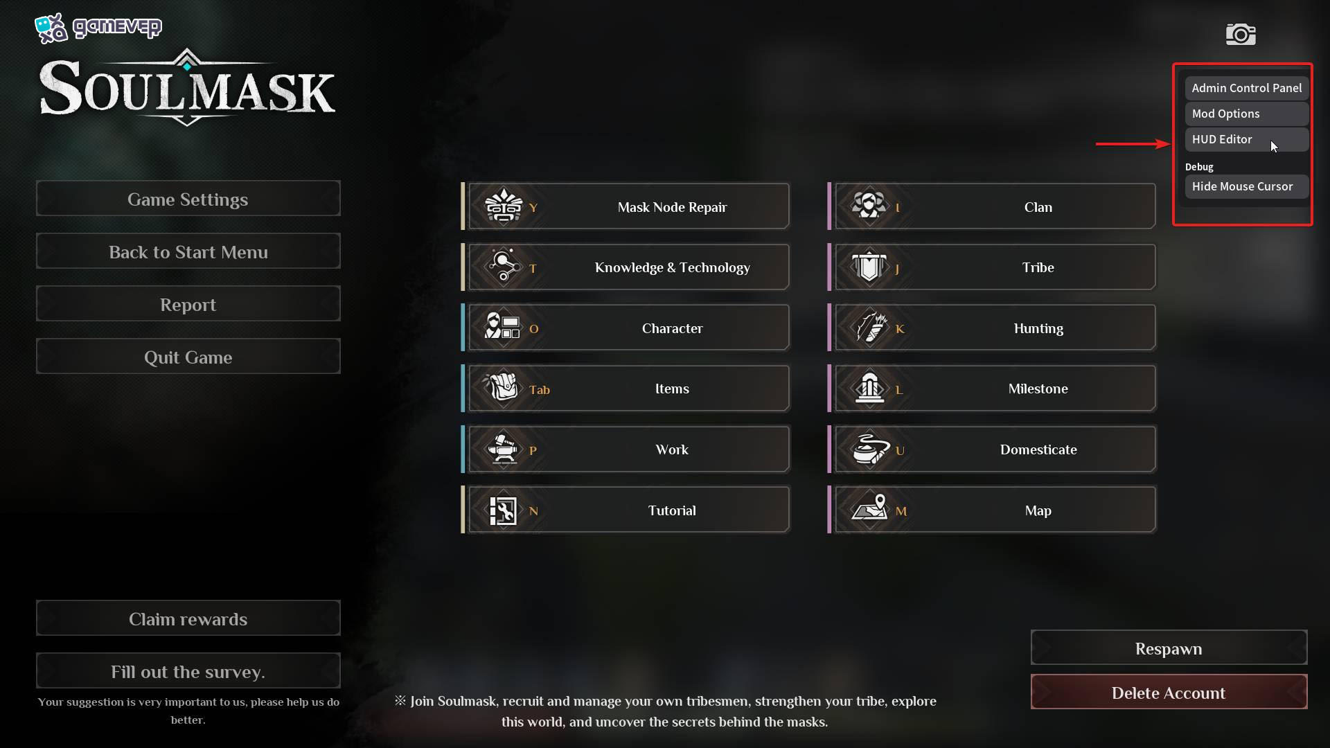 Presiona HUD Editor en el menú ESC en Soulmask