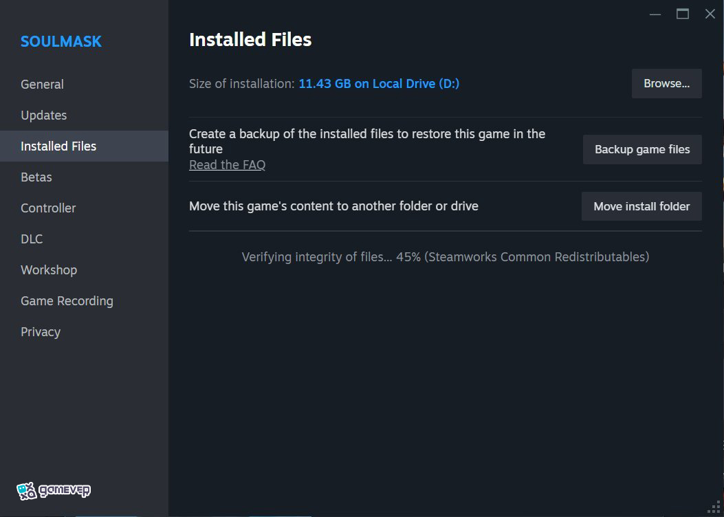 Verifica los archivos del juego para reparar datos corruptos en Soulmask.