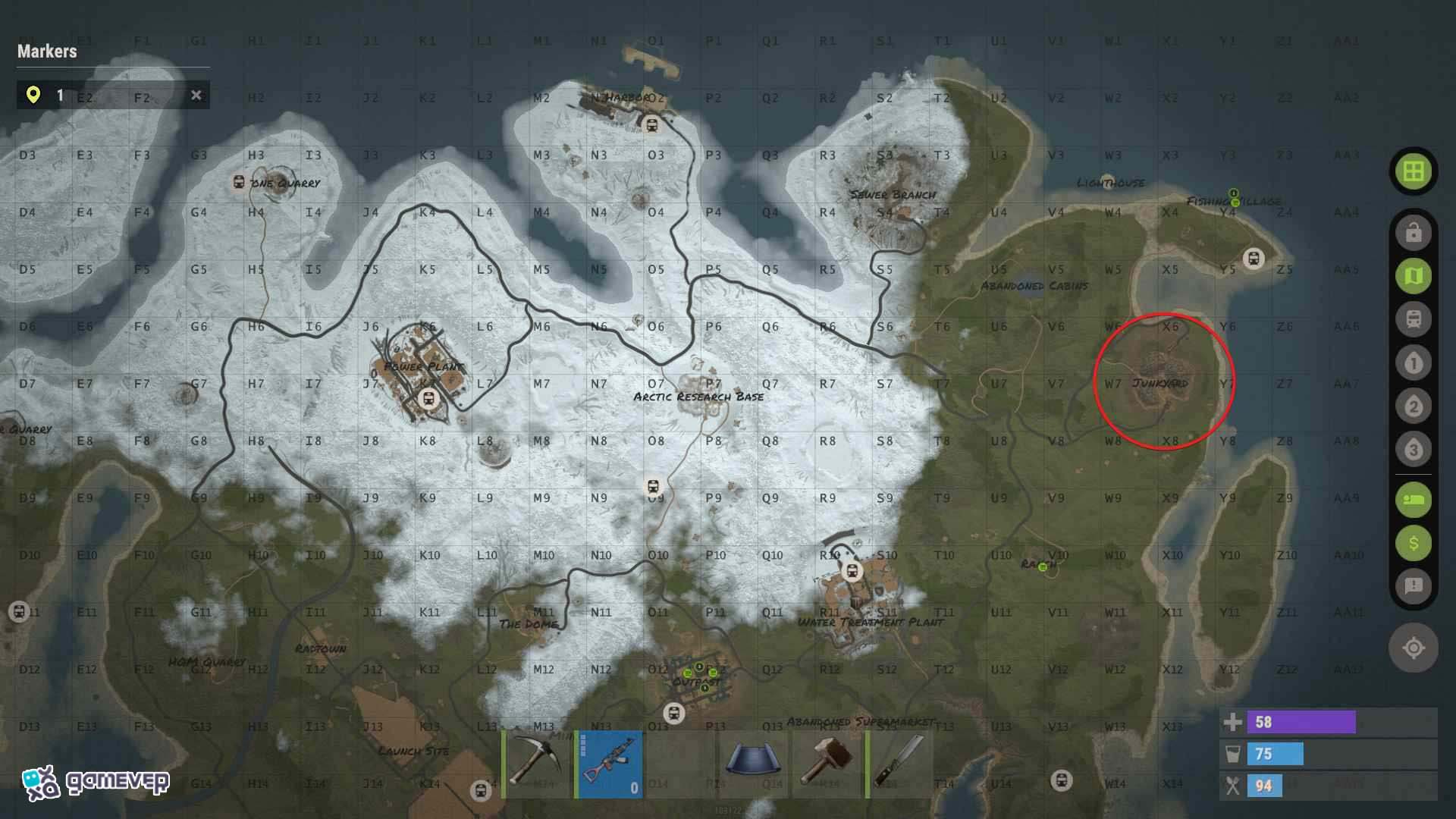 Ubica el Junkyard en tu mapa como el lugar ideal para desmantelar en Rust.