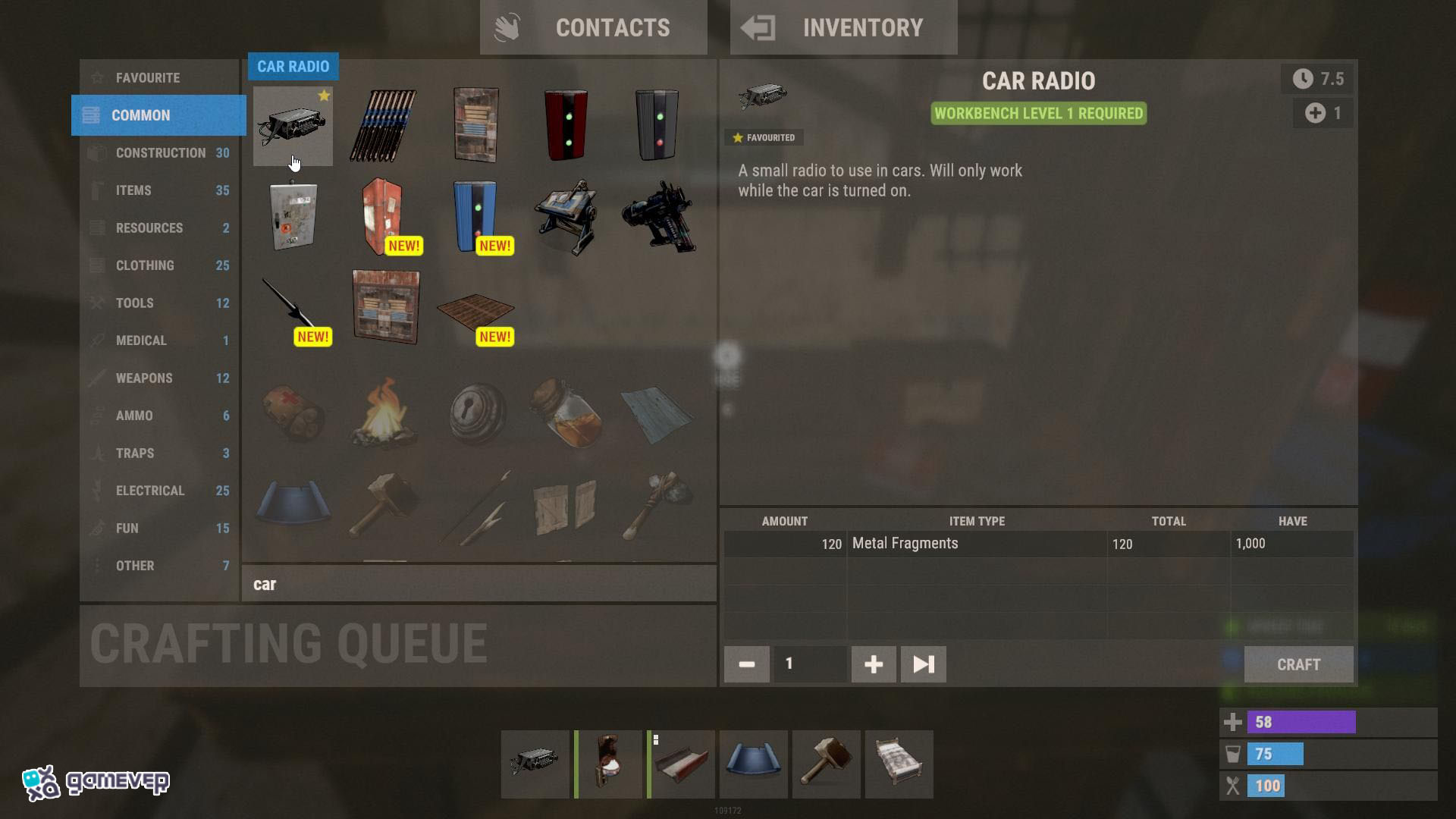 Reúne Fragmentos de Metal para fabricar la Radio para Autos en Rust.