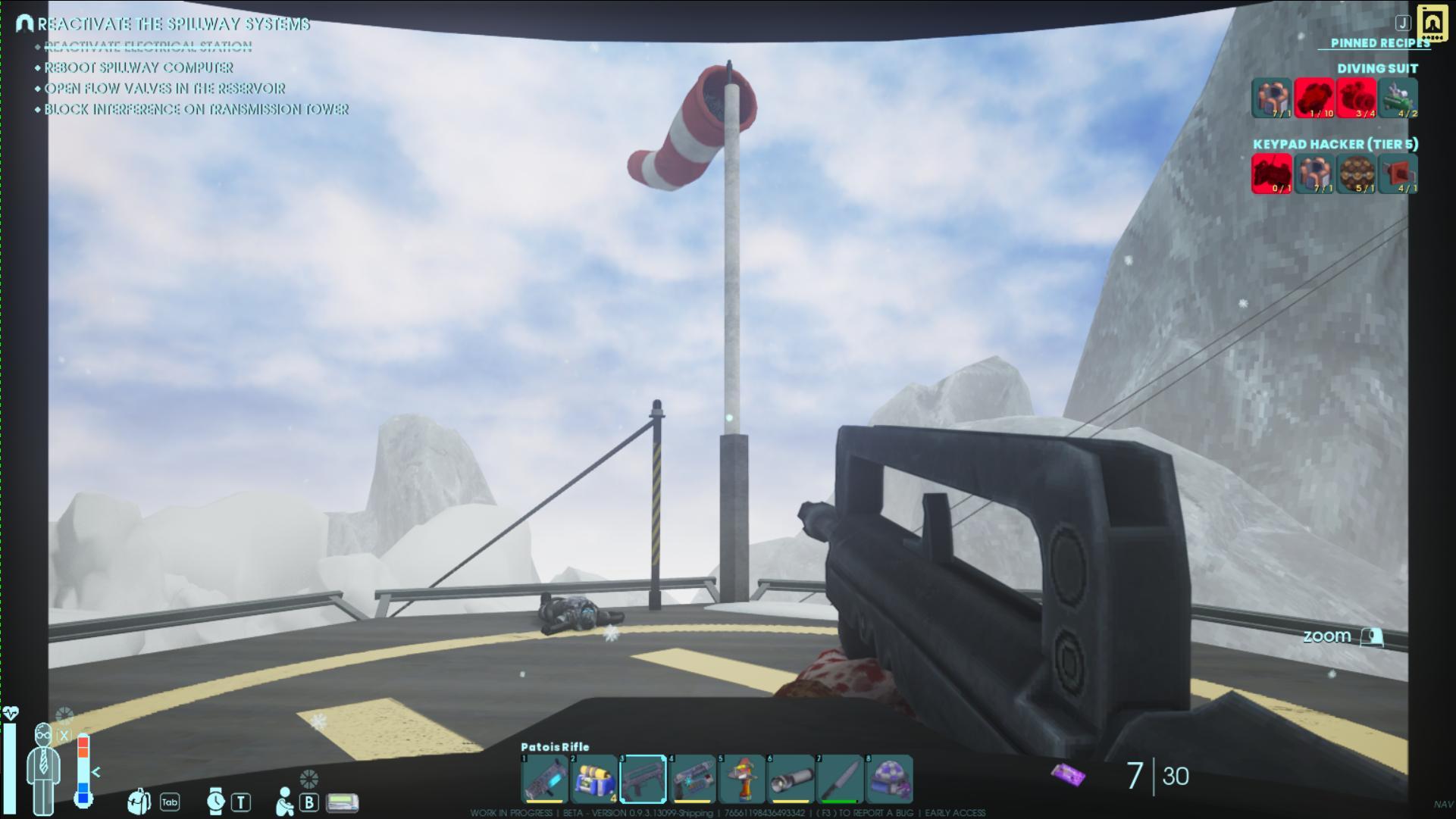Use the zipline to descend to the mountain pass area