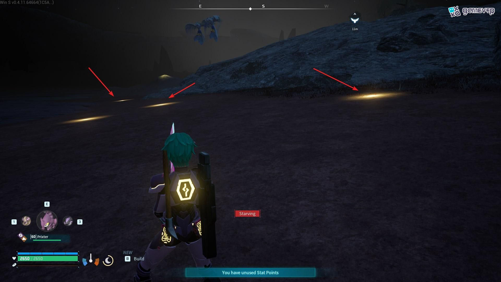 Ubica Arena Estrella Nocturna brillando cerca de una playa por la noche en Palworld Feybreak Update.