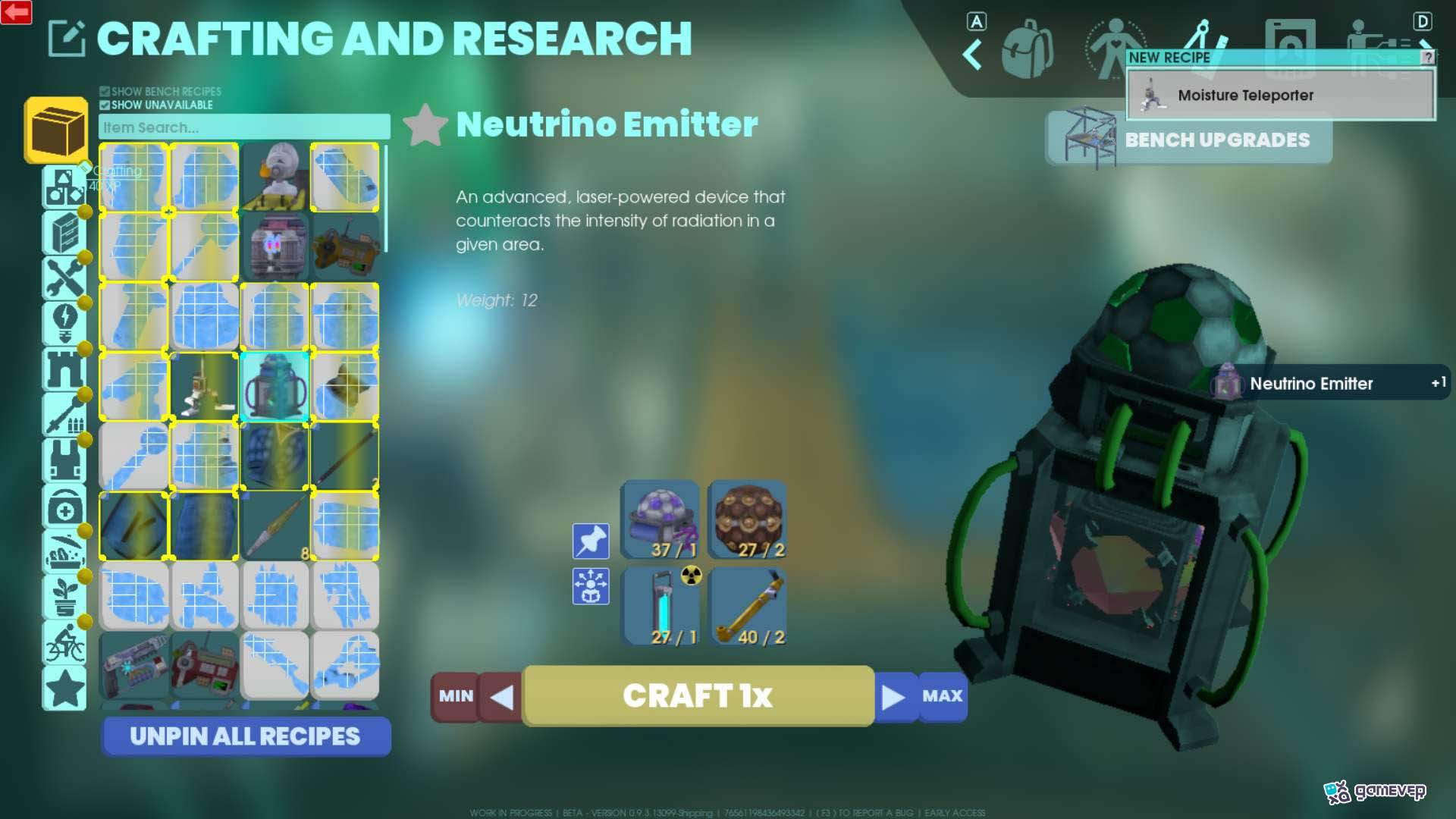 Una vez que tengas estos elementos, dirígete a un banco de trabajo para ensamblar tu Neutrino Emitter.