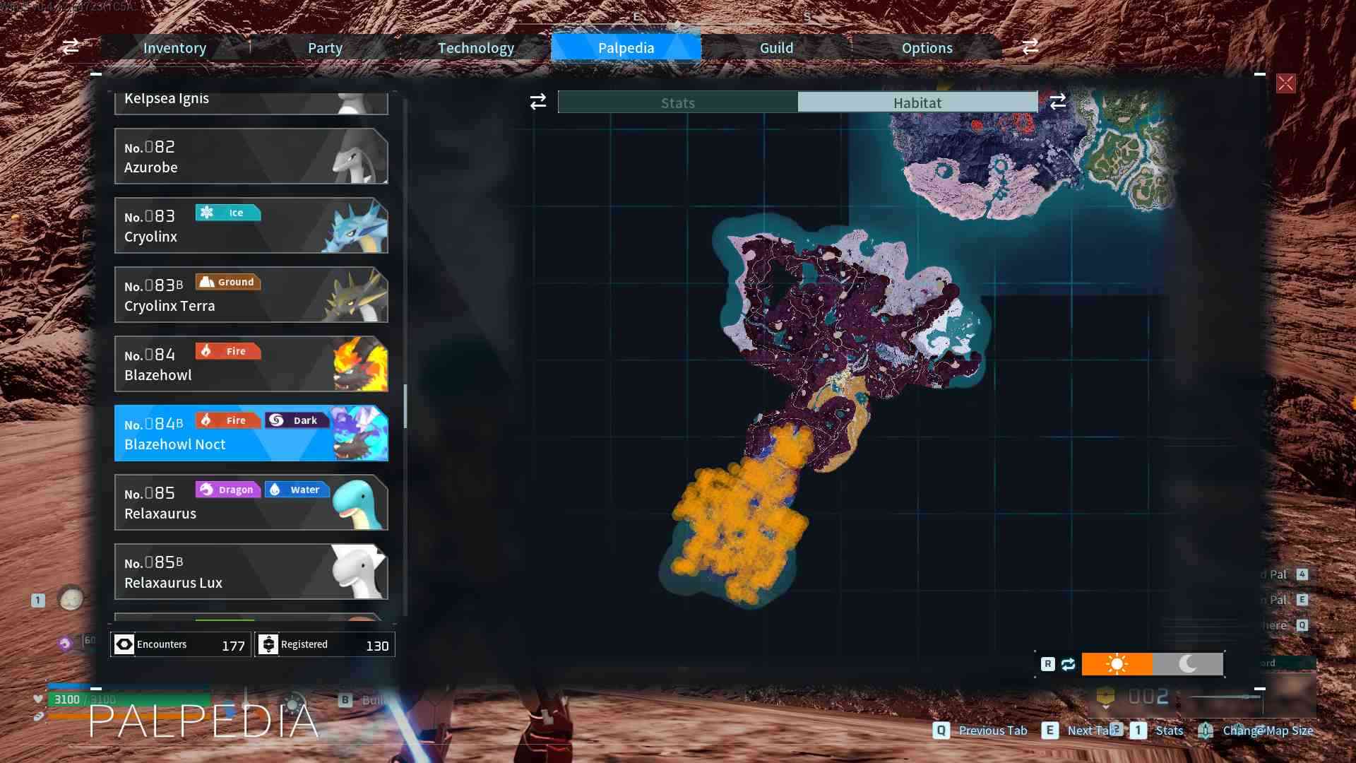 Entdecke Blazehowl Noct, wie er nachts auf dem Mount Obsidian in Palworld streift.