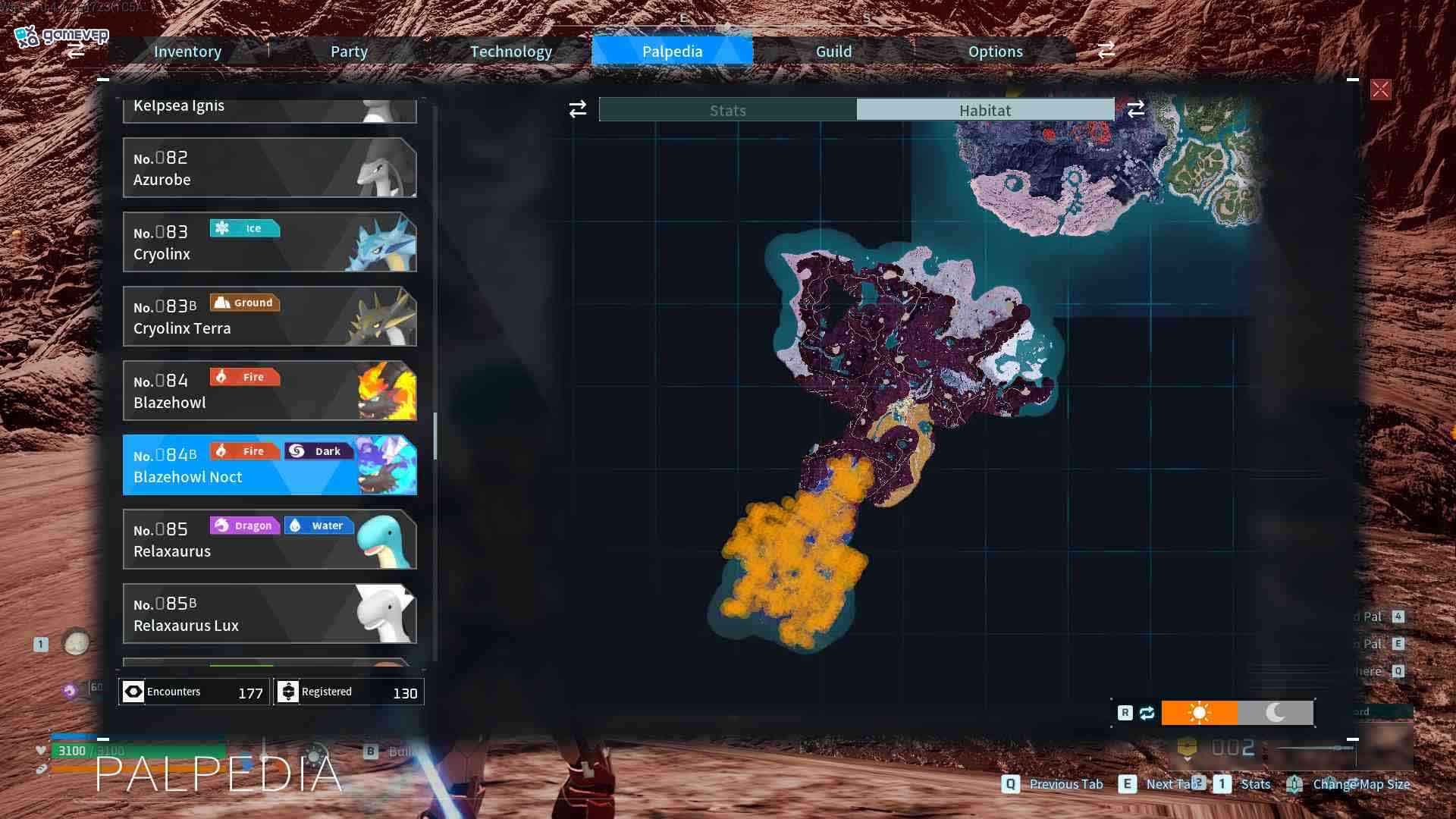 Encuentra a Blazehowl Noct merodeando por el Monte Obsidiana por la noche en Palworld.