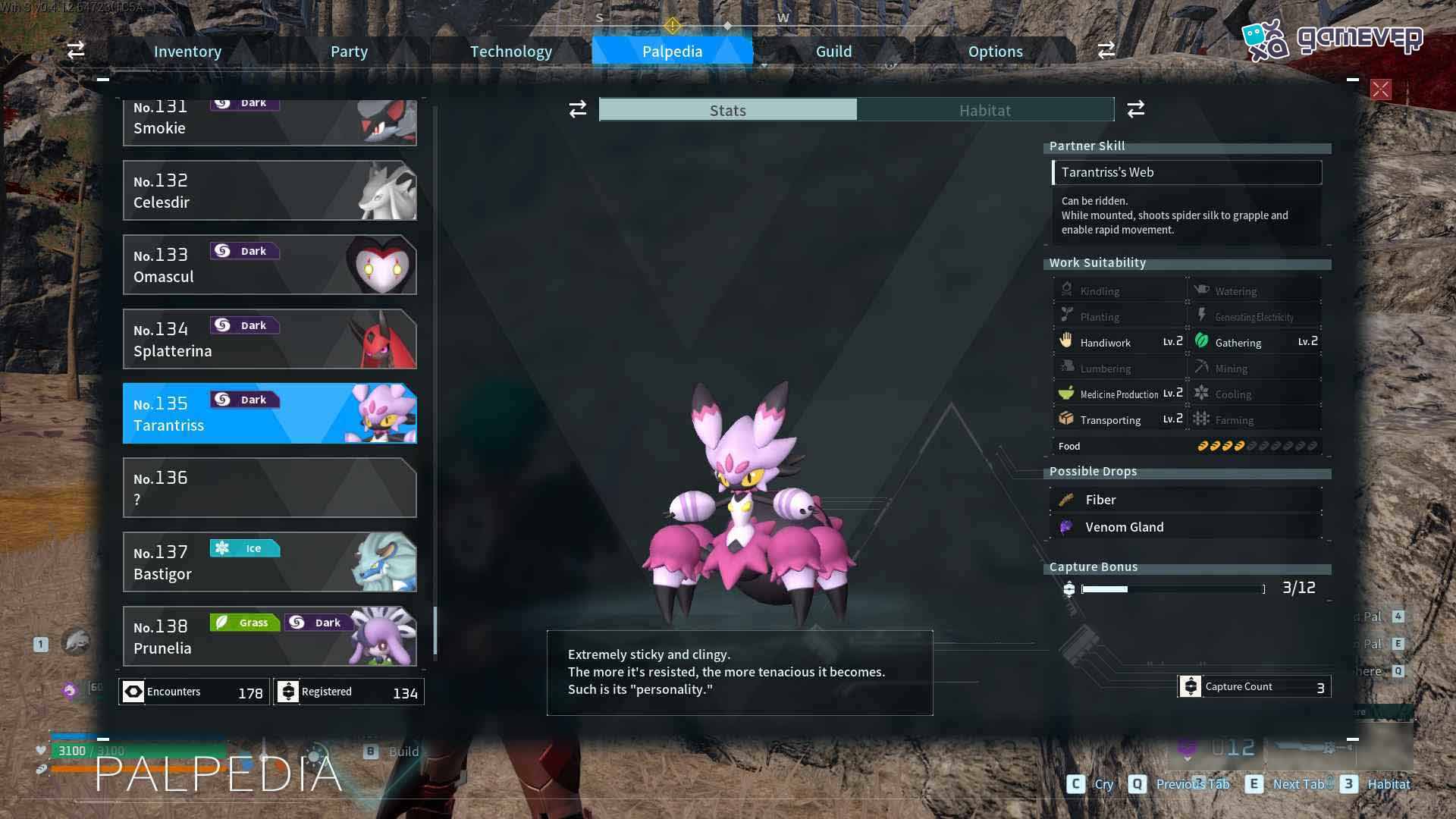 Recolecta Fibra y Glándulas de Veneno de Tarantriss capturado en Palworld.