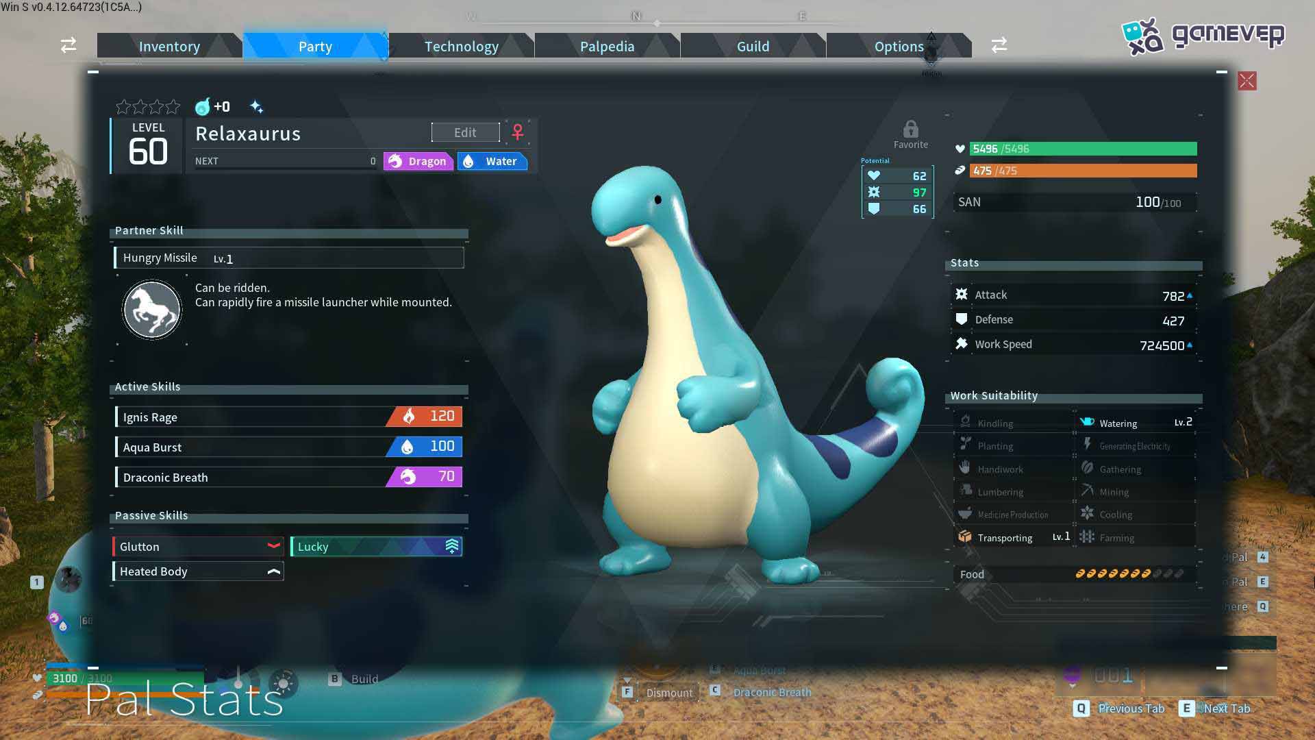 Utiliza a Relaxaurus para regar los cultivos en tu base de Palworld