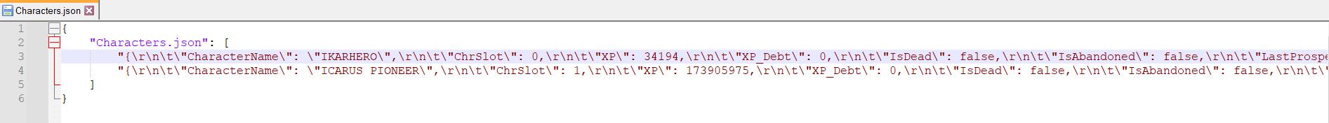 Otwórz Characters.json, Profile.json i MetaInventory.txt, aby usunąć dane przedmiotów warsztatowych