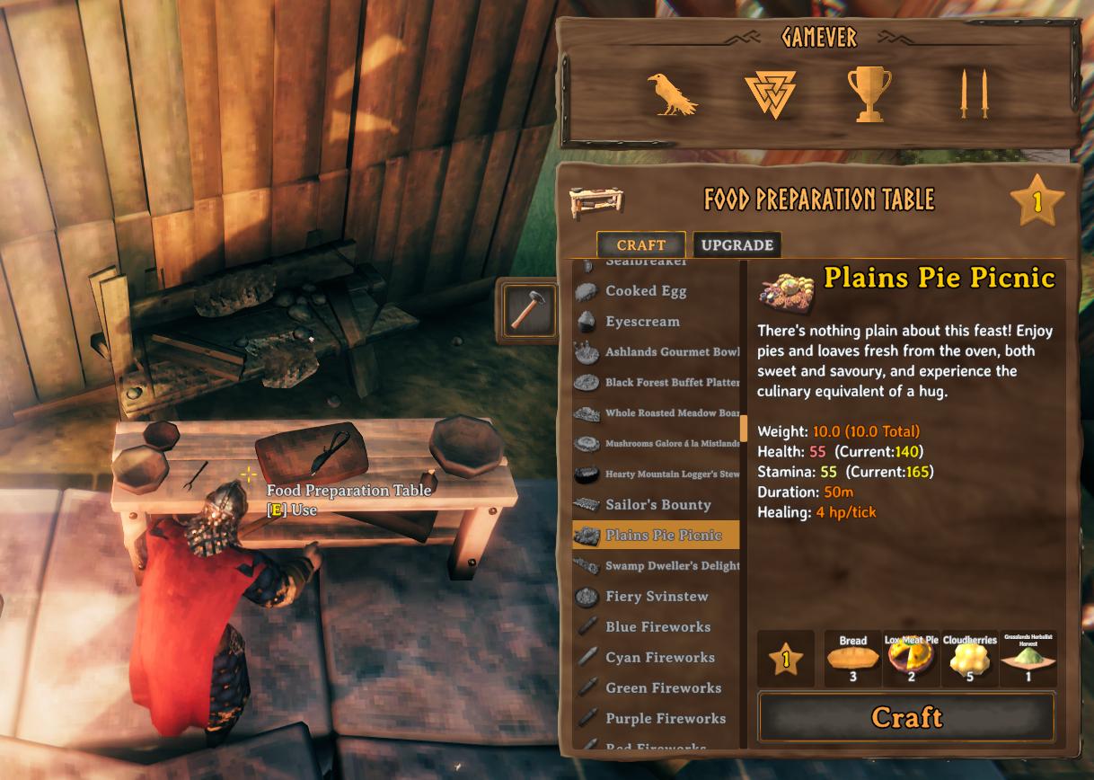 Przygotuj ucztę piknikową Plains Pie przy stole do przygotowywania posiłków w Valheim Bog Witch