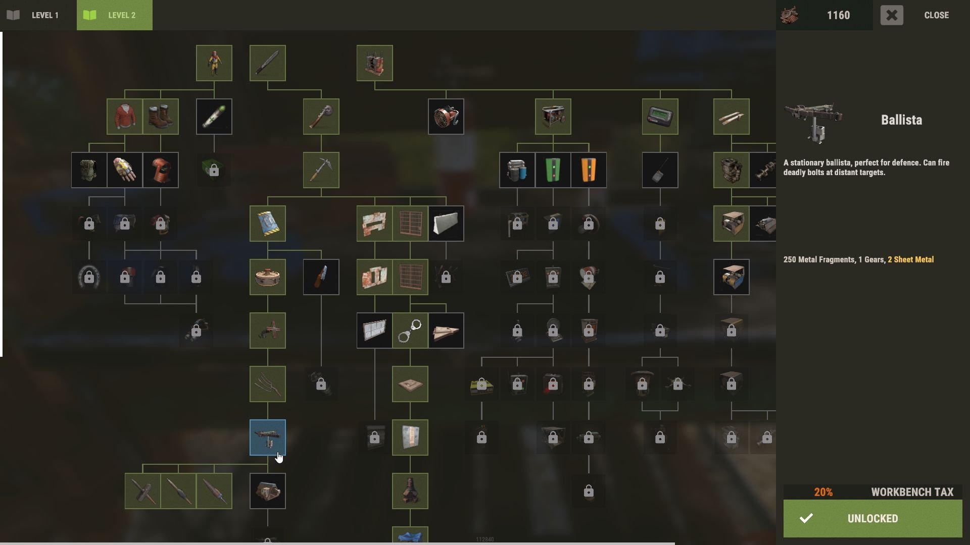 Schalte die Ballista mit Werkbank Stufe 2 frei, um in Rust mächtige Angriffe aus der Ferne auszuführen.