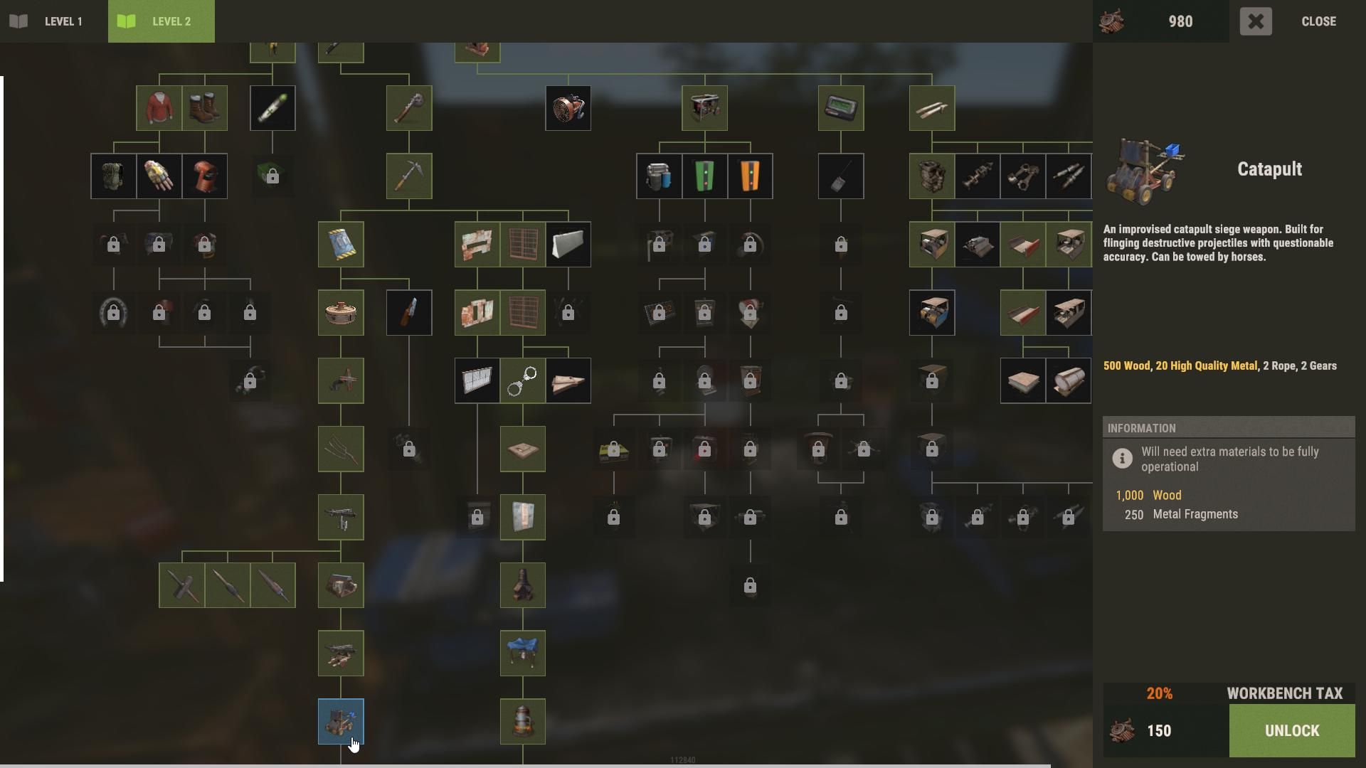 Stelle ein Katapult mit Werkbank Stufe 2 her, um Belagerungen in Rust zu dominieren.