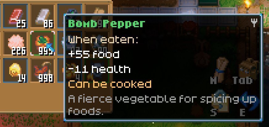 Verwende Bompaprika als Zutat für das Kochen in Core Keeper Bags and Blasts.
