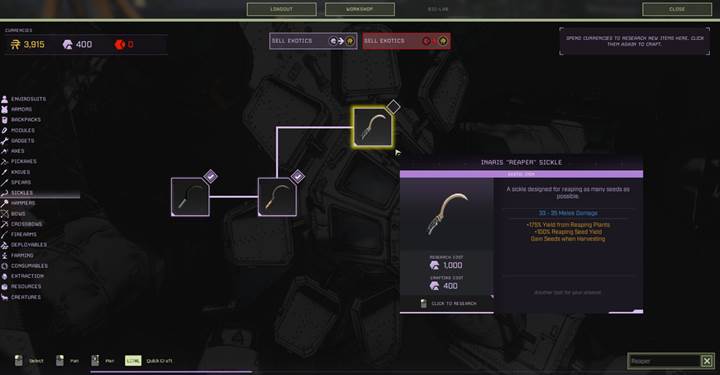 Open the orbital workshop and locate the Reaper sickle.