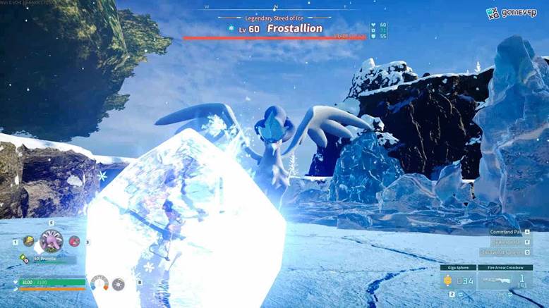 Utiliza los pilares de hielo circundantes como cobertura mientras esquivas los poderosos movimientos de Frostallion.