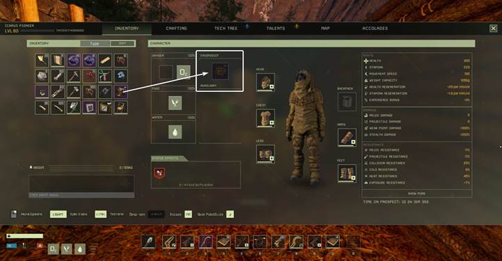 Open your inventory and locate the envirosuit slot on the left panel.