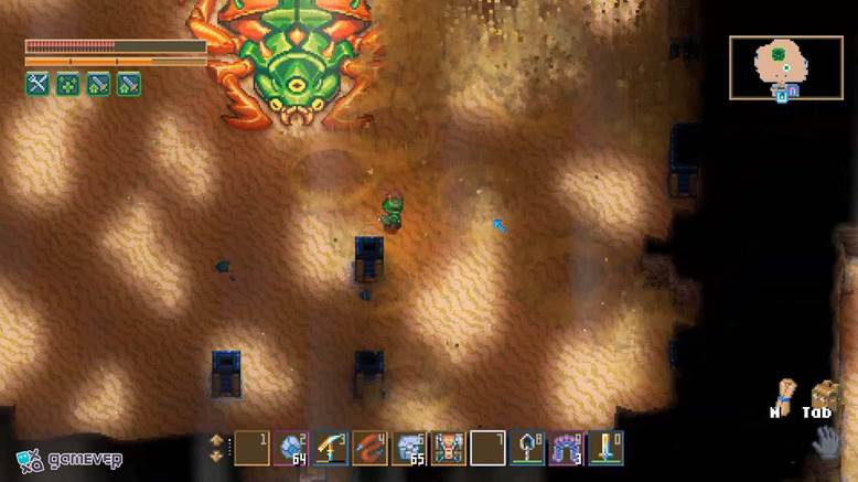 Observa cómo el suelo tiembla y Ra-Akar emerge de la arena en Core Keeper.