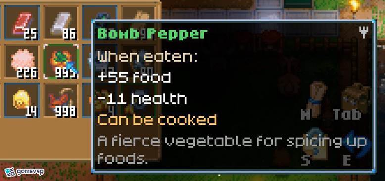 Usa Pimienta Bomba como ingrediente para cocinar en Core Keeper: Bags and Blasts.