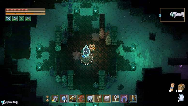 Localiza la Estatua de la Grieta para forjar el poderoso Bastón del Caos en Core Keeper.