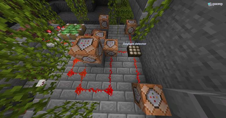 Utiliza detectores de luz diurna junto con los comandos de tiempo y clima en Minecraft.