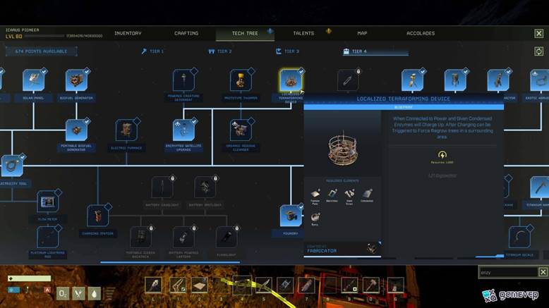 Desbloquea el Dispositivo de Terraformación Localizada en tu Árbol de Tecnología en Icarus.