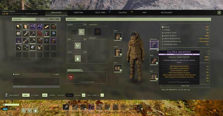 Equip the backpack and check its survival-boosting stats.