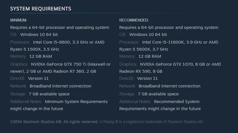 Stelle sicher, dass dein PC die Systemanforderungen von V Rising erfüllt.