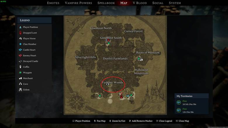 Erkunde das Farbane Woods Biom, um Stein in V Rising zu sammeln.