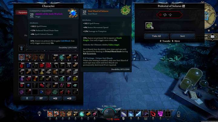 Right-click a Soul Shard onto the pedestal to display it and free your amulet slot in V Rising Oakveil Update.