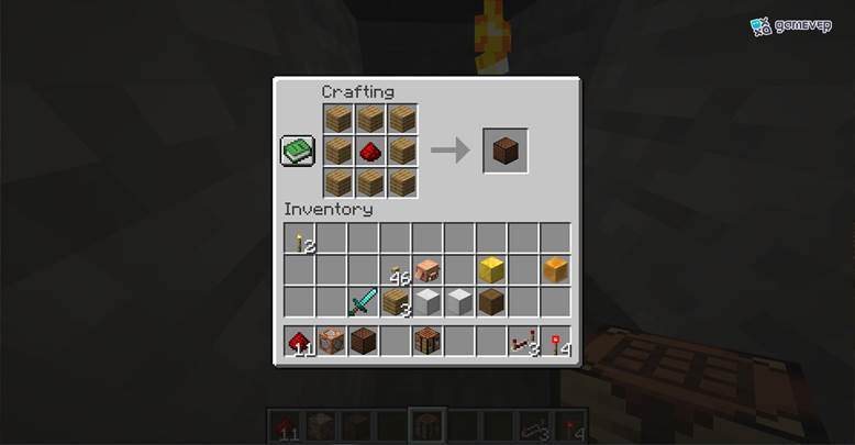 Fabrica un bloque de notas usando tablas de madera y redstone en Minecraft.