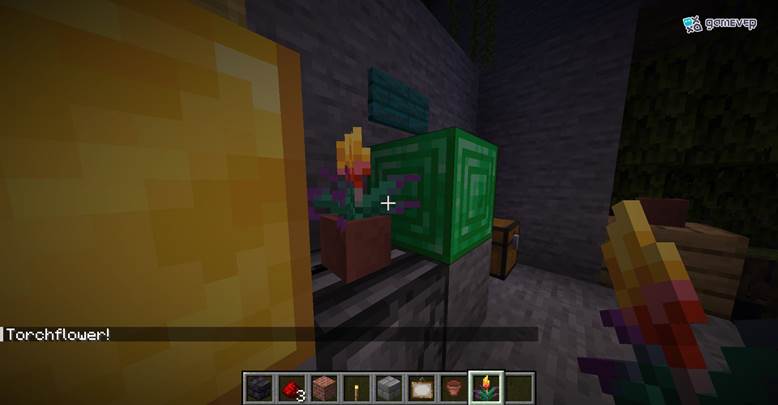 Coloca observadores debajo de las macetas y muestra una flor siendo plantada en Minecraft.